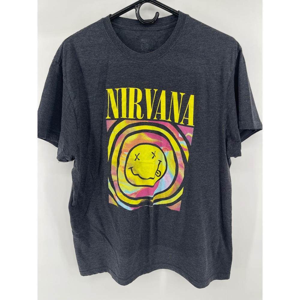 Nirvana Graphic Tee Unisex XL Charcoal Psychedelic Smiley Face Rock Shirt